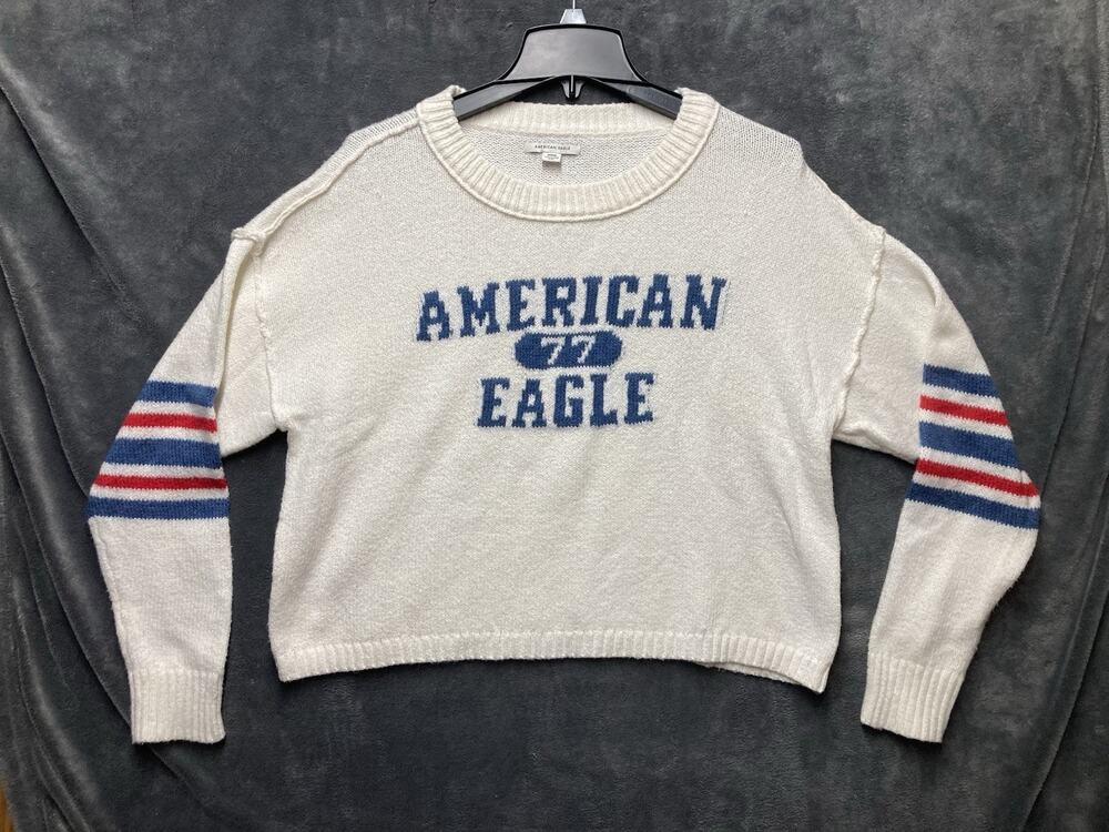 American Eagle Cropped Graphic Sweater M White Slouchy Preppy Varsity Americana